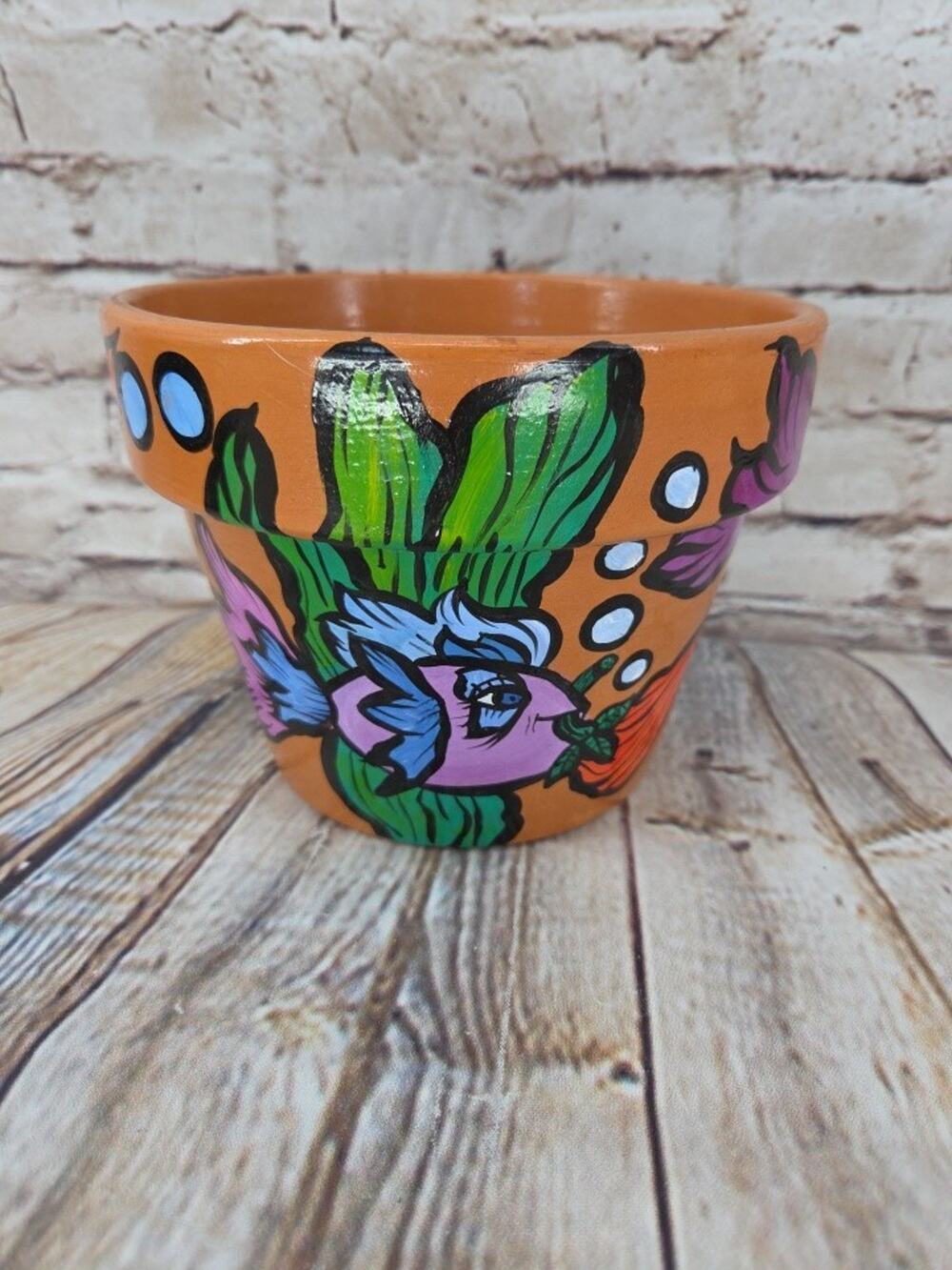 Vintage Hand Painted 6.5" Terra Cotta Plant Pot Fish Planter